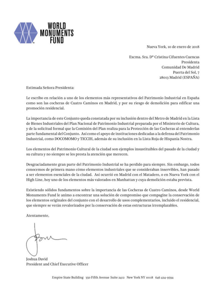05 2018-01-10 Cuatro Caminos Depot Letter to President of Madrid