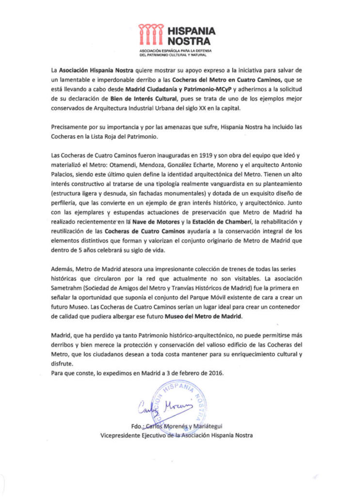 06 2016-02-04. Carta apoyo Cocheras. HISPANIA NOSTRA
